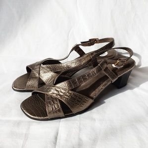 Olive/gold faux reptile skin low heel sandals